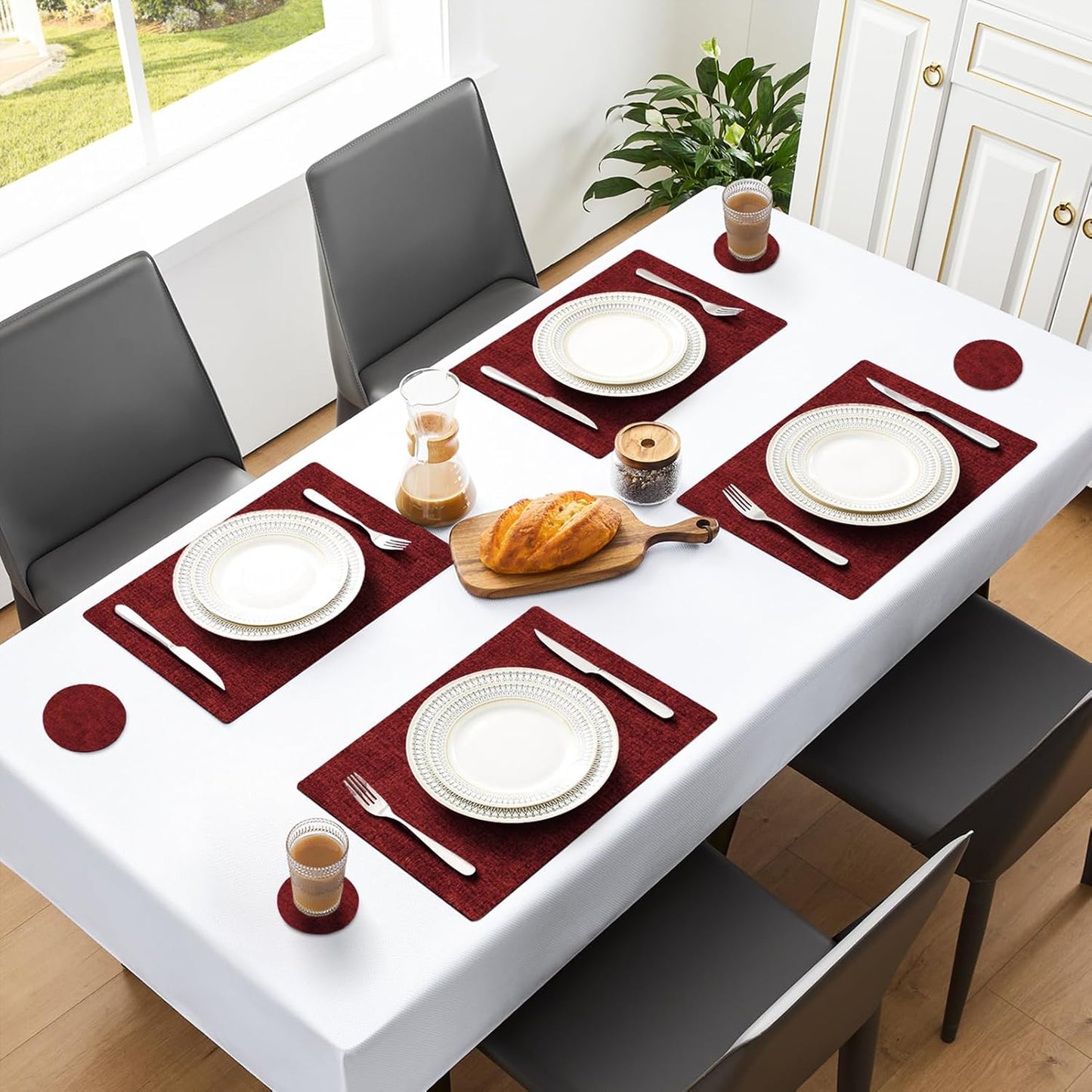 MOSAYT Faux Leather Placemats Set of 12, Heat Resistant Vinyl Place Mats with Coasters, Wipeable Washable 100% Waterproof Oil Proof Table Mats for Kitchen Dining Party Indoor Outdoor, 12" x 18", Red
