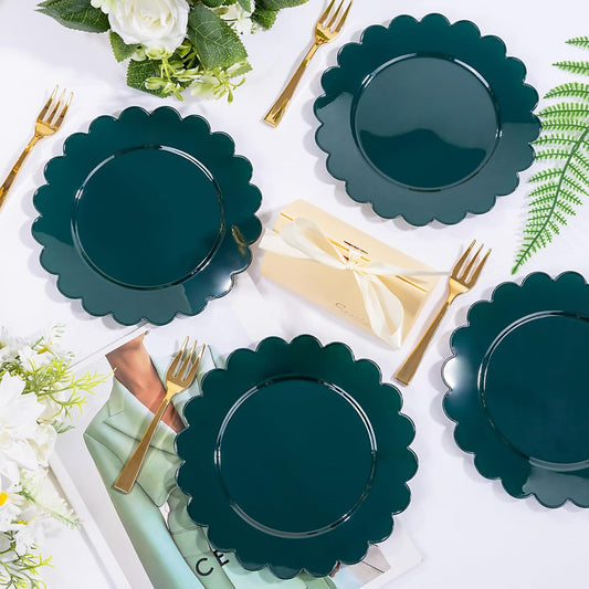 LIYH 200 Pcs Drak Green Christmas Plastic Plates - Disposable Dessert Plates with Gold Forks, Gold Cake Forks 5", Plastic Cake Plate 7.5" for Christmas Holiday Party Table Decoration