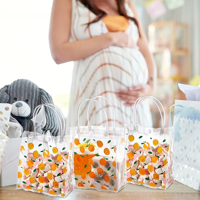Tioncy 24 Pcs Orange Clear PVC Gift Bags with Handles Orange Theme Candy Treat Basket Little Cutie Party Favor Bags for Little Cutie Baby Shower Decorations Wedding Birthday Summer Party Supplies