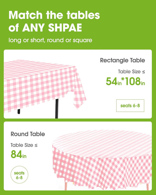 Pureegg Plastic Table Cloth Disposable 10 Pack, 54 x 108 Inch Table Cloths, Party, Picnic, Decorative Gingham Tablecloths, Rectangle, Pink and White Checkered Cover, Leakproof & Sturdy, Pink Plaid