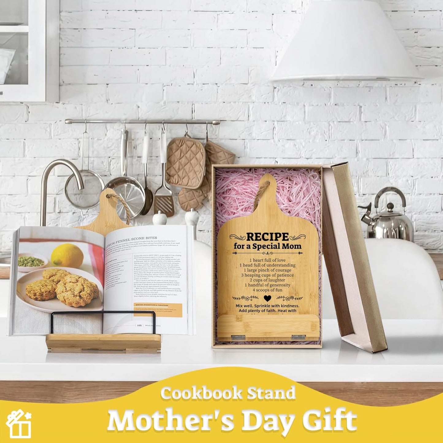 Ikedas Happy Mothers Day Cookbook Stand, Celebrate Mothers Day with Adjustable Book Stand, Kitchen Book Holder, Ideal Recipe Holder