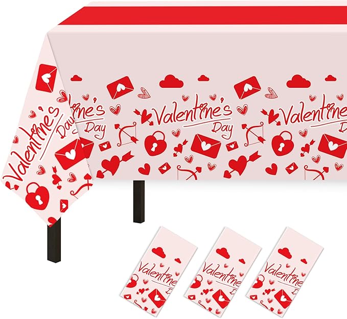 Childom Valentines Day Tablecloth for Valentines Day Decorations Party,3 Pack Disposable Plastic Valentines Table Cloths 54" x 108" Pink Table Cover,Valentines Decor for Wedding Engagement Anniversary