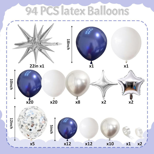 Blue Silver Balloon Garland Arch Kit, Navy Blue White Balloon Arch Kit, Metallic Silver Confetti Balloons Star Foil Balloons for Graduation Birthday Wedding Baby Shower Eid Ramadan Party Decorations