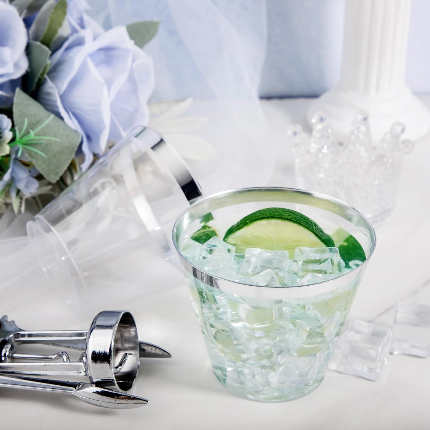 Nervure 120PCS Silver Plastic Cups - 9Oz Silver Rimmed Plastic Cups - Heavy Duty Plastic Cup with Silver Rim Perfect for Weddings, Receptions & Parties