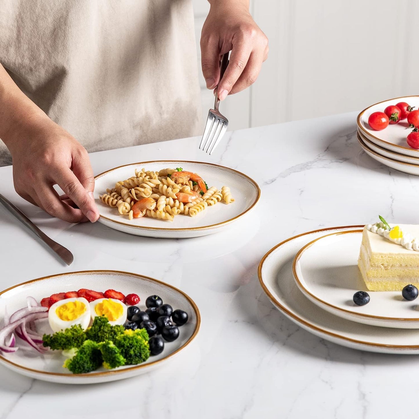 AmorArc Ceramic Dinner Plates Set of 6, 10.5 Inch Handmade Reactive Glaze Stoneware Plates,Large Rustic Shape Dinnerware Dish Set for Kitchen, Microwave & Dishwasher Safe,Scratch Resistant-Pearl White