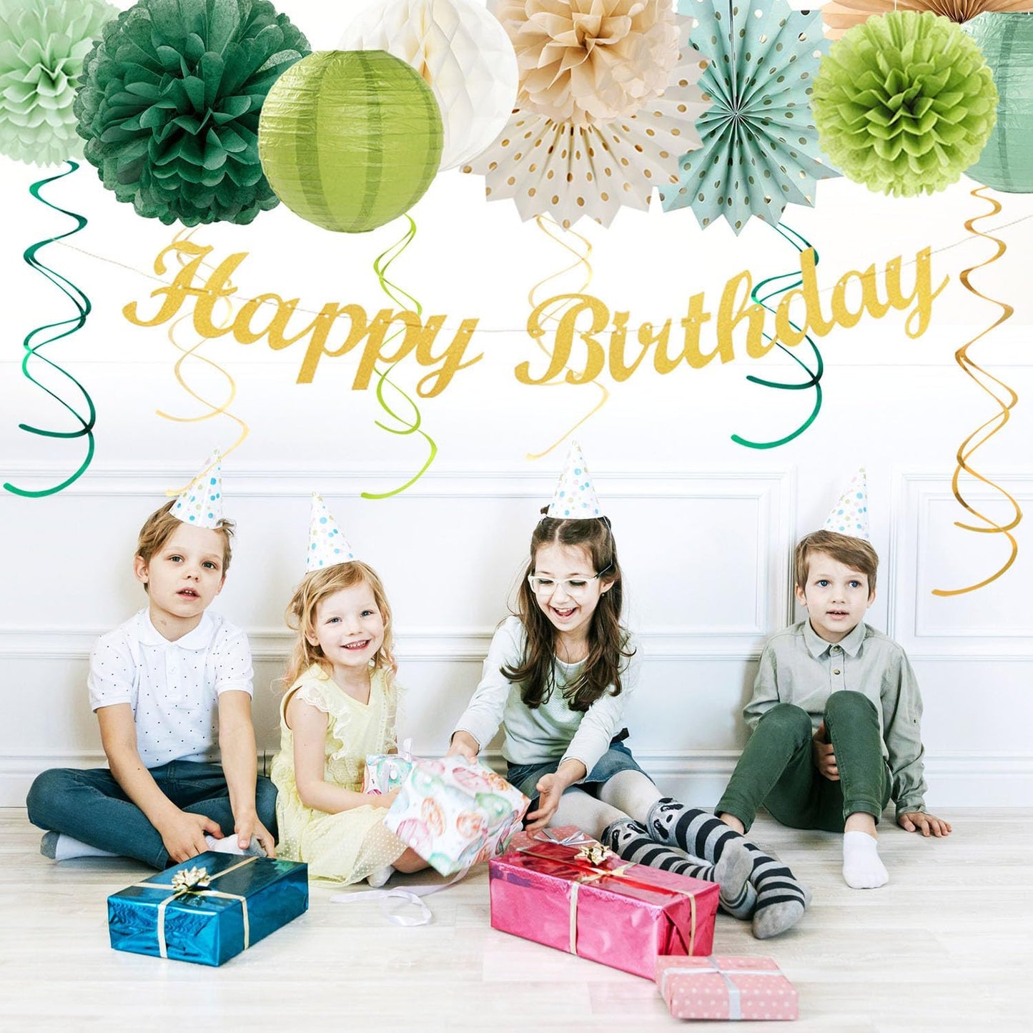 Sage Green Champagne-Gold Birthday Party-Decorations - 21pcs Happy Banner,Olive Retro Paper Lanterns Pom Poms,Rustic Boho Neutral Streamers Garland,Women Girls Boy Decor Supplies Huglony