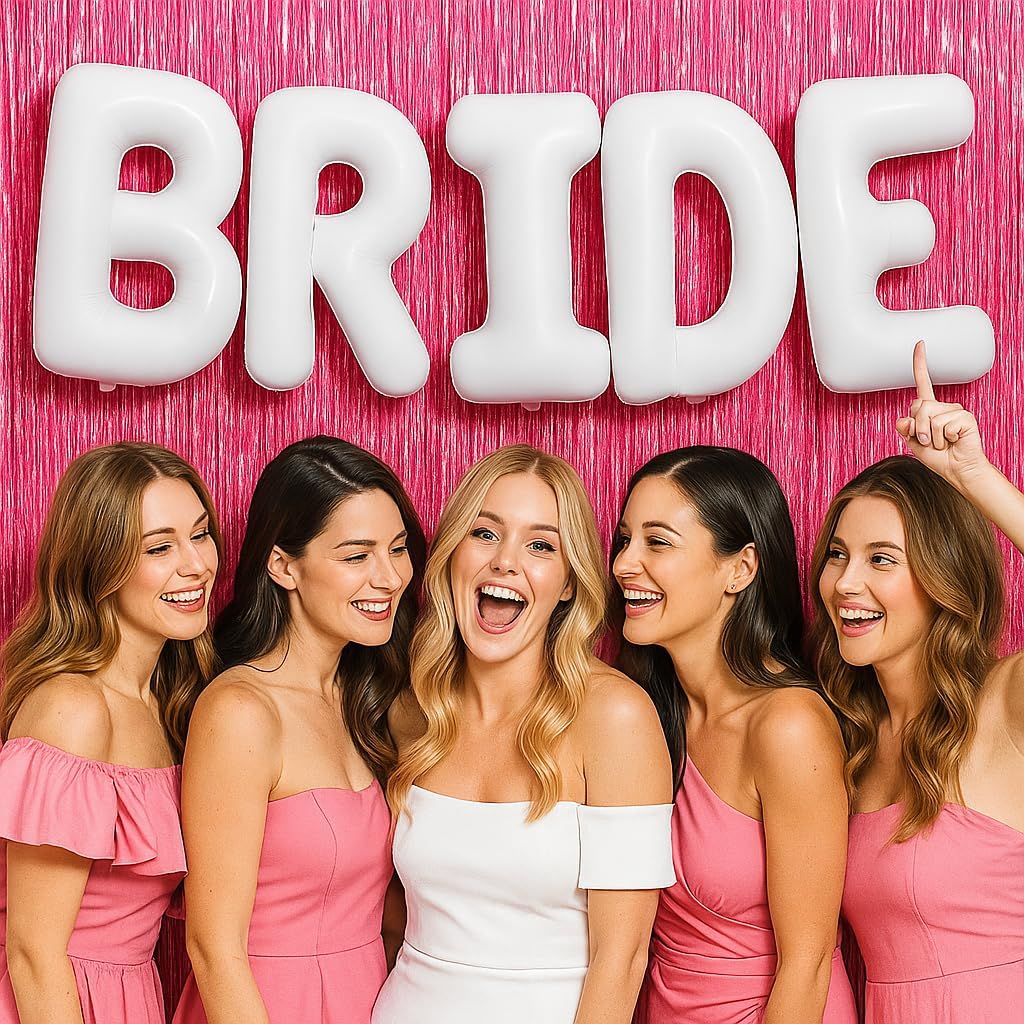 KatchOn, Bachelorette Party Decorations Set - Huge Pack of 3 | White Bride Balloons Bachelorette, Pink Backdrop Curtain | Bridal Shower Decorations, Pink Streamers Party Supplies | Wedding Decorations