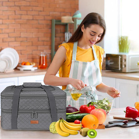 Vuudh Quilted Double Decker Casserole Carrier - Expandable Dish Carrying Case for Hot or Cold Food, Lasagna Holder for Potluck Parties, Picnic, Beach, Fits 9"×13" Baking Dish (Grey)
