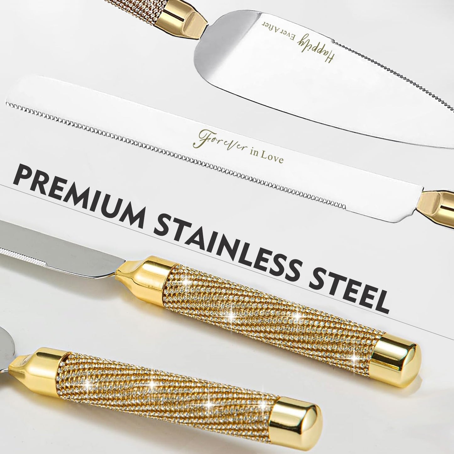 ROXBURGH Wedding Cake Knife and Server Set, 420 Stainless Steel Gold Cake Cutter and Pie Server Slicer, Rhinestones Studded Handle Cutting Set for Wedding, Engagement Present for Groom and Bride