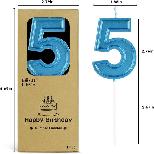 BEAN LIEVE Blue Birthday Candles Number 5, Blue Number Candles, Cake Number Candles for Birthday Parties and Wedding Anniversary Celebrations