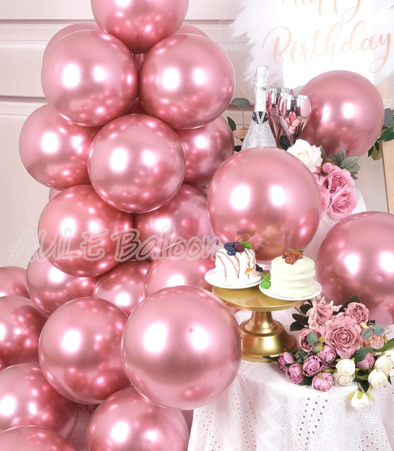 AULE Party Balloons 50 Pcs 12 inch Pink Metallic Chrome Helium Shiny Latex Thicken Balloon Perfect Decoration for Wedding Birthday Baby Shower Graduation Carnival