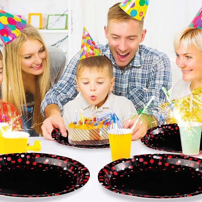 50 Pcs Black and Red Oval Plates 10" x 12" Large Red Dot on Black Party Plates Disposable Heavy Duty Valentine's Day Paper Plate for Valentines Day Fiesta Congrats Wedding Birthday Party Decorations