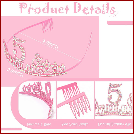 5th Birthday Decorations for Girls Set - Happy 5th Birthday Princess Crown and Glitter Sash, 5 Year Old Girl Tiara Party Decorations Supplies Outfit Accessory Gifts