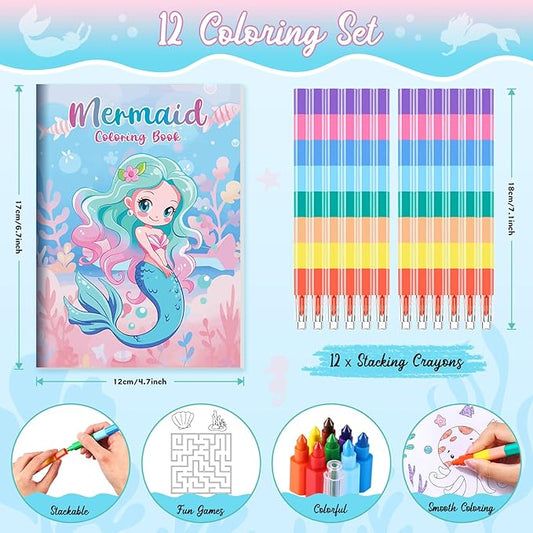 BenLouis 24 Mermaid Mini Coloring Books Kids with 24 Stacking Crayons Little Mermaid Theme Party Favors Activity Books Bulk for Kids Ocean Birthday Goodie Bag Gift Stuffer Classroom Reward