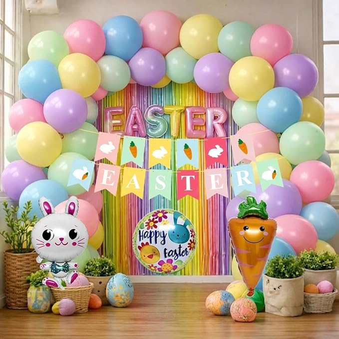 Easter Balloons Arch Kit Double Stuffed Pastel Balloons with Bunny, Carrot & Egg Foil Balloon Easter Banner and Colorful Fringe Curtain for Easter Birthday Baby Shower Spring Party Decoration