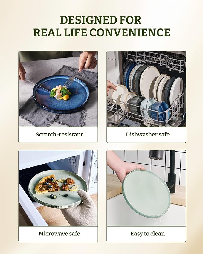 famiware Star Dinner Plates for 6, 10 inches Plate Set, Scratch Resistant, Stoneware Dinnerware, Kitchen Modern Rustic Serving Dishes, Matte Green