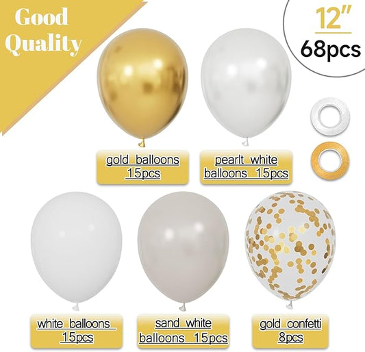 68Pcs Sand White Gold Confetti Balloons Kit 12 Inch Ballons Beige Pearl White Balloon Gold Party Balloons with Ribbons for Birthday Wedding engagement Baby Shower Graduation Decorations.
