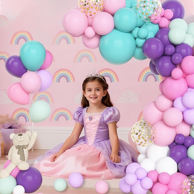Amandir 153 Pcs Pink Purple Balloons Arch Garland Kit, Different Sizes 18 12 10 5 inch Purple Blue Pink Gold Confetti Pastel Unicorn Balloon for Wedding Shower Princess Birthday Party Decorations