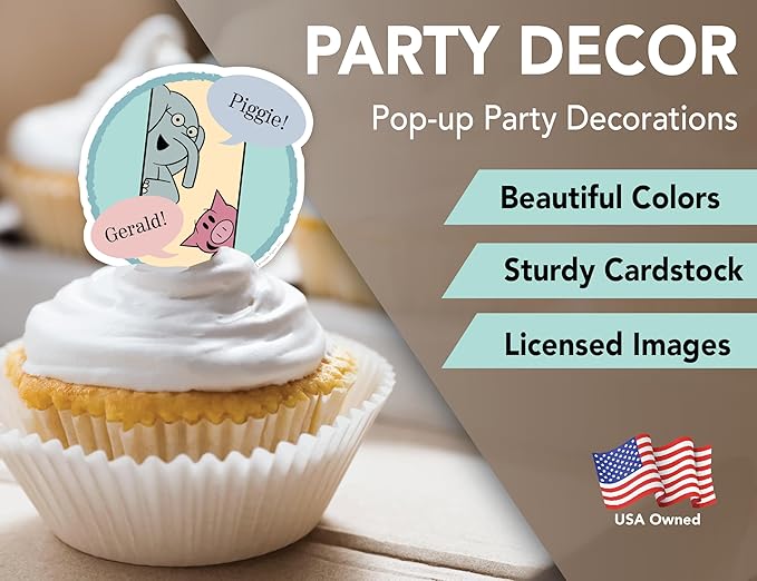 Elephant and Piggie Party Supplies Boy or Girl Birthday Party Decor with 8 Foot Banner, 24 Cupcake Toppers, Cake Topper, 4 Streamers with Gerald and Piggie Book Characters by Mo Willems (Party Set)