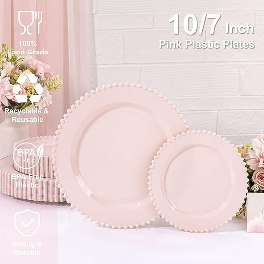 U-QE 60PCS Pink Plastic Plates - Heavy Duty Beaded Pink Disposable Plates for Party, Baby Shower, Wedding, Birthday - Serving 30 Guests Include 30PCS 10inch Dinner Plate & 30PCS 7inch Dessert Plate