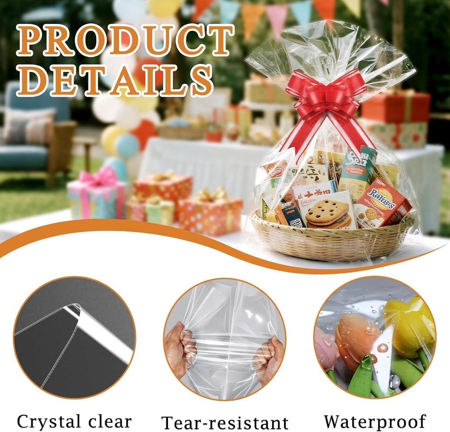 PigPotParty 16"x24" Clear Cellophane Gift Bags - Includes Bows – 10 Pack Cellophane Wrap for Gift Baskets, Plastic Gifts Bags for Gift Giving