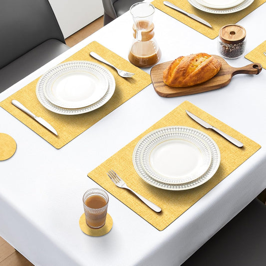 MOSAYT Placemats Set of 8, Heat Resistant Vinyl Place Mats with Coasters, Wipeable Washable 100% Waterproof Oil Proof Faux Leather Table Mats for Kitchen Dining Party Outdoor, 12" x 18", Yellow