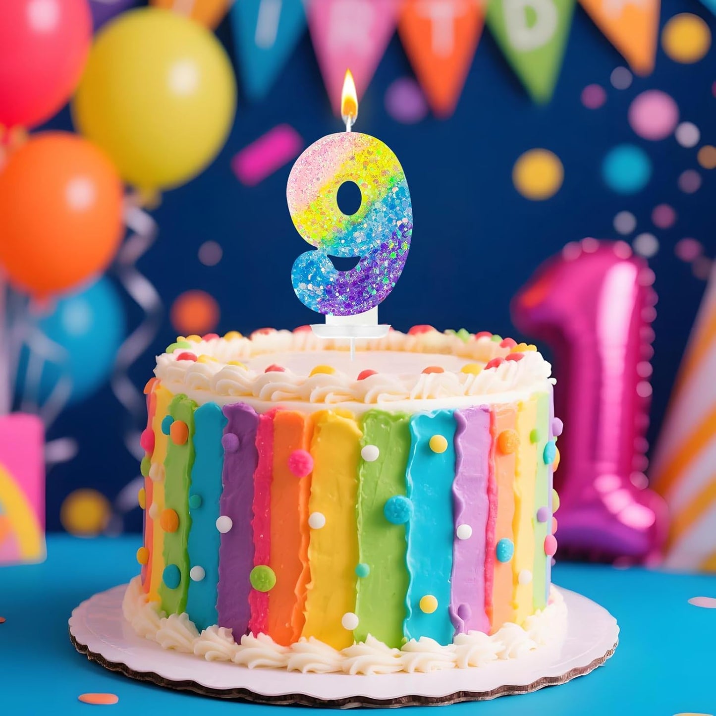 Birthday Candles Pastel Macaron Glitter 3D Rainbow Number Candles for Birthday Cake Girls Women Sweet Theme Birthday Wedding Anniversary Party Cake Decoration (Number 9)
