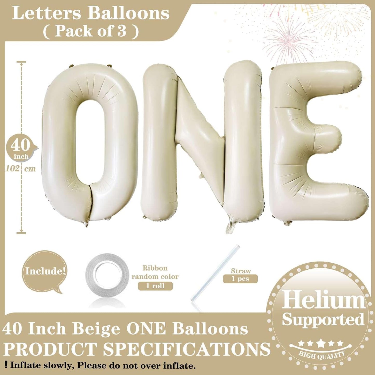 40 Inch Beige One Balloons, Giant Cream White Letters One Balloons Foil Mylar Helium White Letter Balloons for 1st Birthday Party Supplies Baby Shower Anniversary Decorations Alphabet White ONE