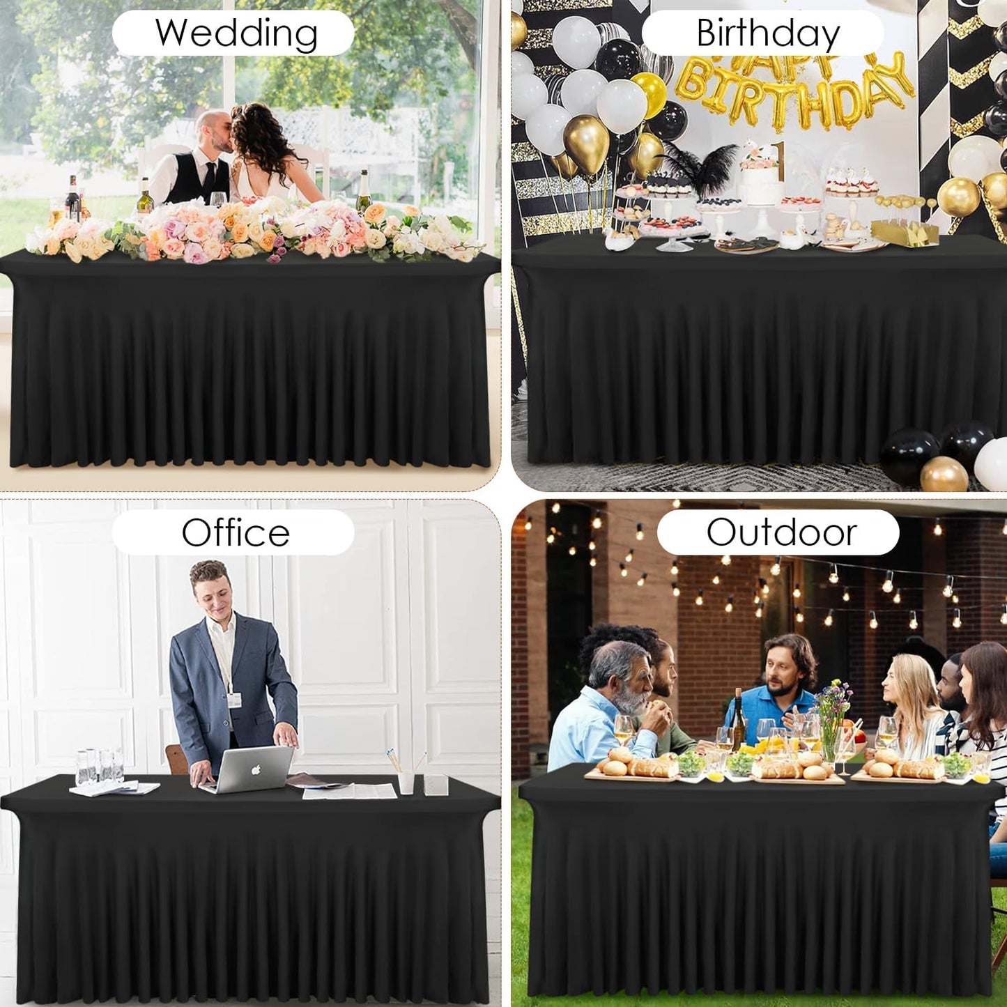 CoFashion 6ft Rectangle Black Spandex Table Skirts & Covers, 3 Packs, Polyester/Spandex, Wrinkle Resistant, Stretchable, Fitted Tablecloth for Banquet, Restaurants, Tradeshows