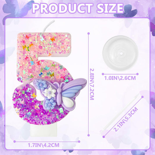 HXOUSE Butterfly Number 5 Birthday Candles - Pink & Purple Butterfly Birthday Candles for Cake, 5 Candle Topper for Anniversary Celebrations Supplies, Fairy Party Decorations for Girl (Number 5)