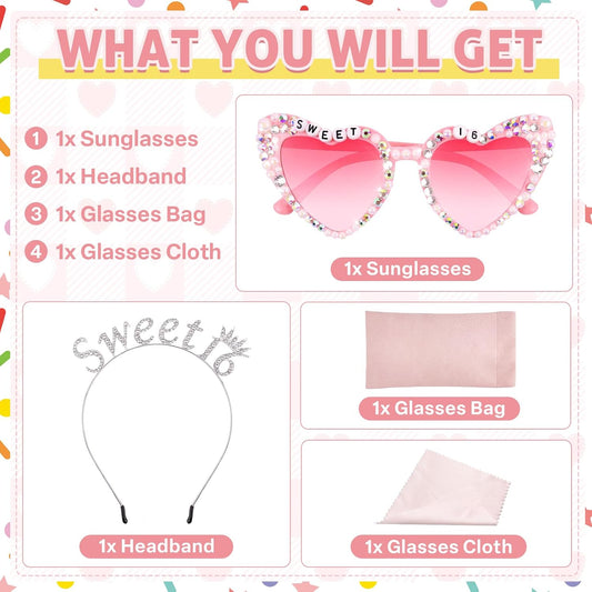 Sweet 16 Birthday Sunglasses with Crown, 16th Birthday Gifts Decorations for Women, Birthday Glasses Headband Tiara