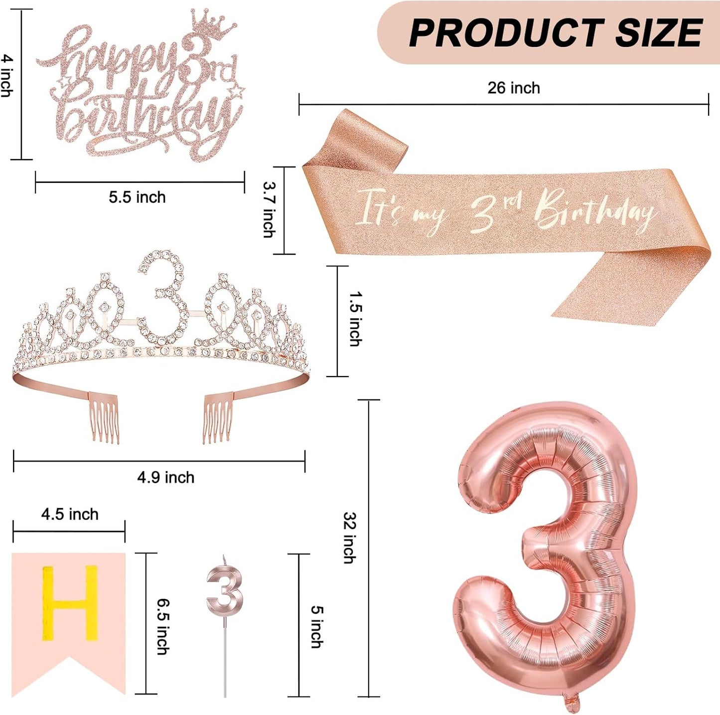 3rd Birthday Decorations for Girls, Including 3rd Tiara and Sash, Happy Birthday Banner, Cake Toppers, Number Candles and Balloons Set, Rose Gold