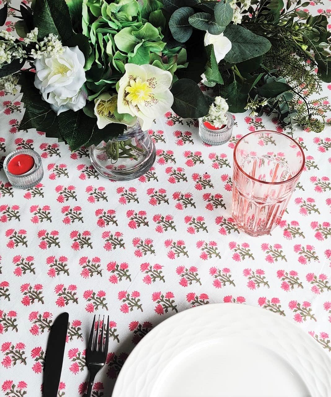 ATOSII Gulbahar White Pink 100% Cotton Fall Rectangle Tablecloth, Hand Block Print Washable Table Cover, Christmas Parties Buffet Dining, Weddings, Thanksgiving, Halloween, 60 X 108 Inches 8 Seater