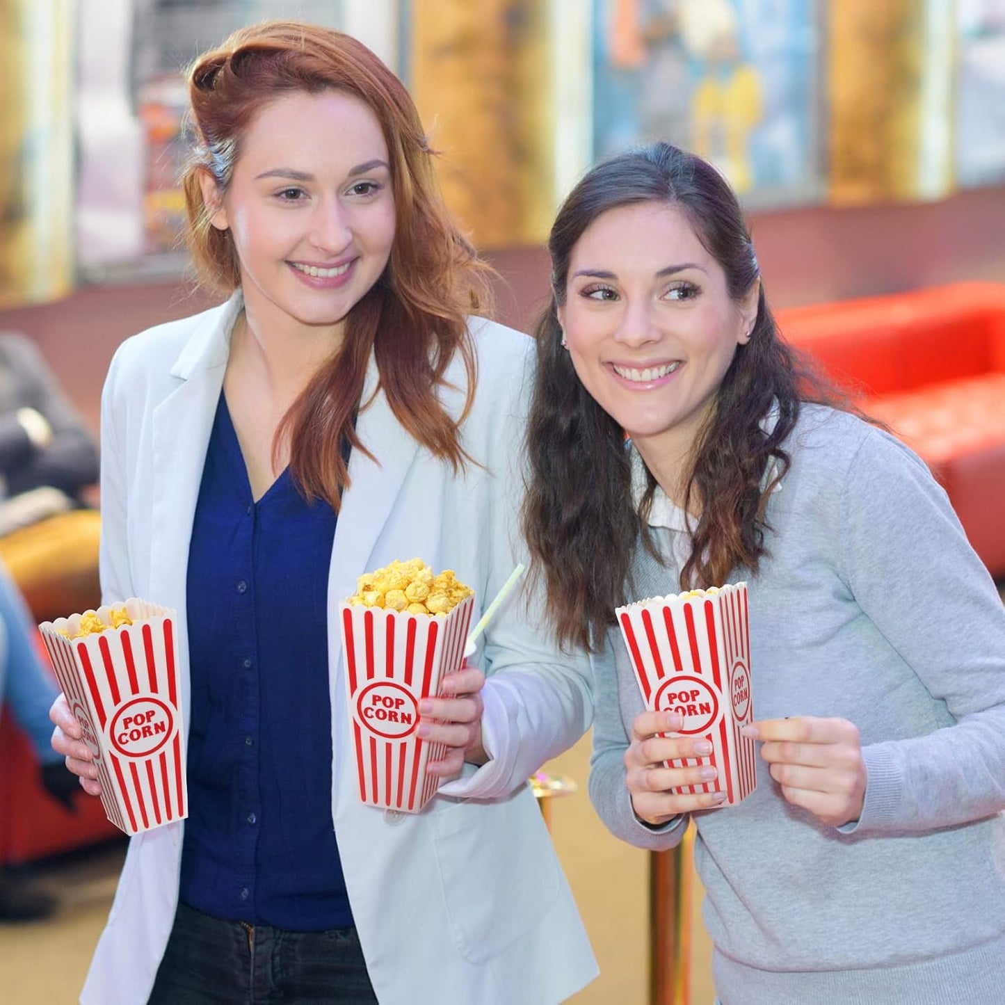 Yuxung 30 Pack Plastic Popcorn Boxes Red and White Striped Popcorn Buckets Bulk Reusable Open Top Containers for Movie Night, Classic Retro Style, 7.7 x 3.9 x 2.4 Inch