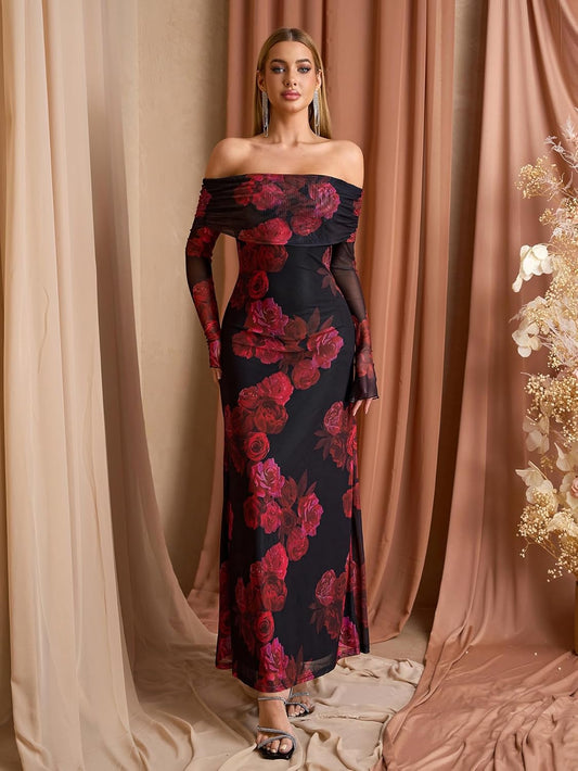 KUTUMAI Women Off Shoulder Bodycon Maxi Dress Long Sleeve Mesh Ruched Party Formal Wedding Guest Dresses