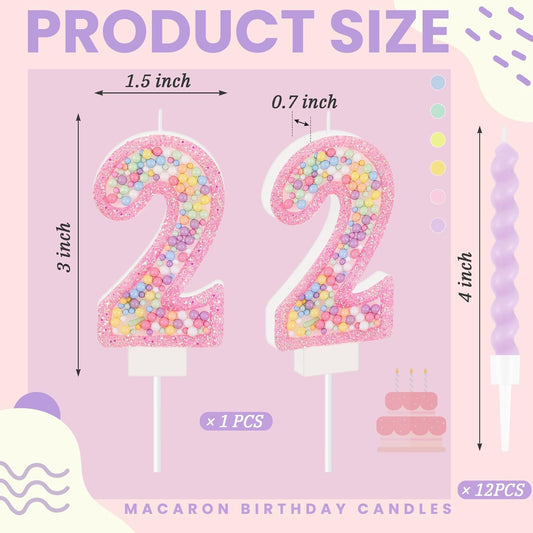 MTLEE Birthday Candle Macaron Glitter 3D Number Candle with 12 Pcs Rainbow Spiral Candles in Holders for Girl Boy Cake Topper Wedding Anniversary Pastel Sweet Theme Party Decoration(Pink,Number 2)