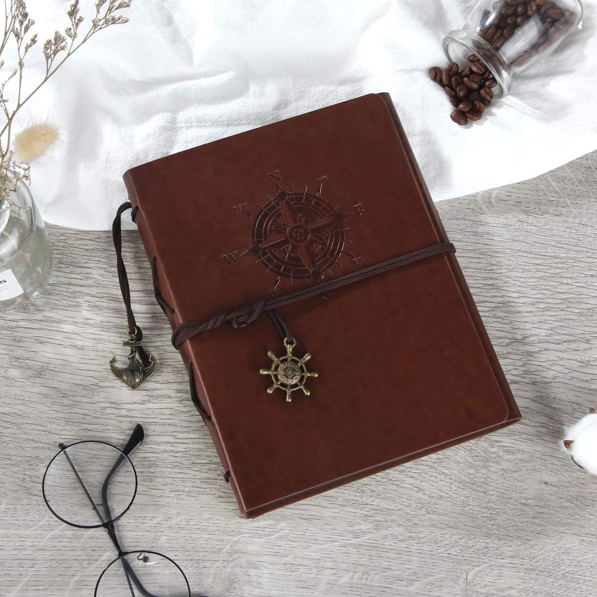 ThxMadam Navigation Scrapbook Leather Photo Album Vintage Wedding Guest Book Memory Book with 60 Black Pages Present for Valentines Anniversary Motherâs Day Birthday Gift for Student Kids Friend