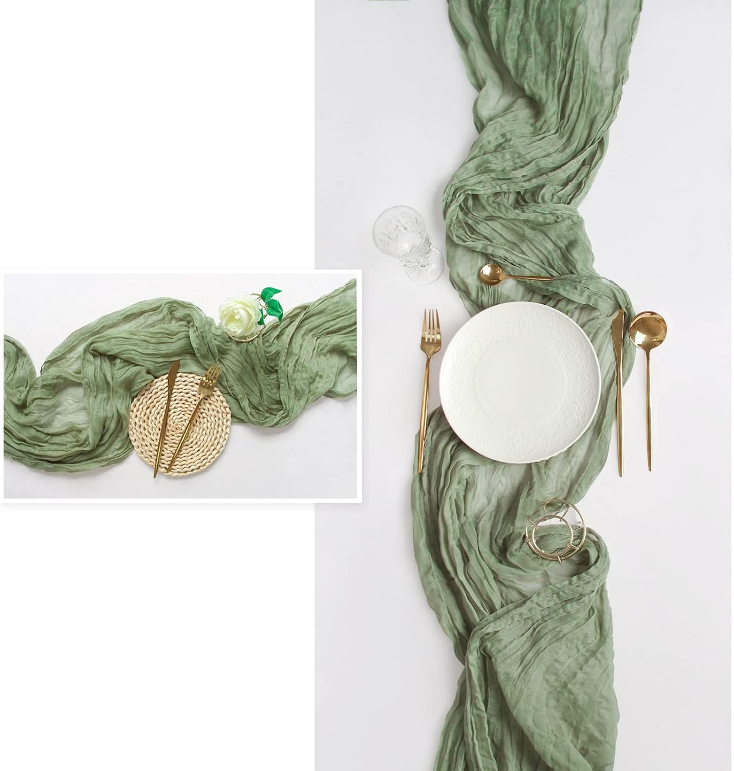 FEXIA Sage Green Cheesecloth Table Runner 6-Pack | 35x120" Gauze Boho Wedding & Party Decor
