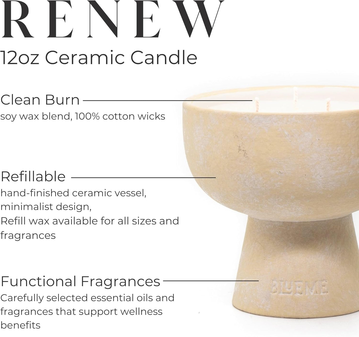 BLUEME Renew - Ivy & Rose, Luxury Candle w/Essential Oils, 3 Wick, Hand-Poured Soy, Cotton Wick, Ceramic
