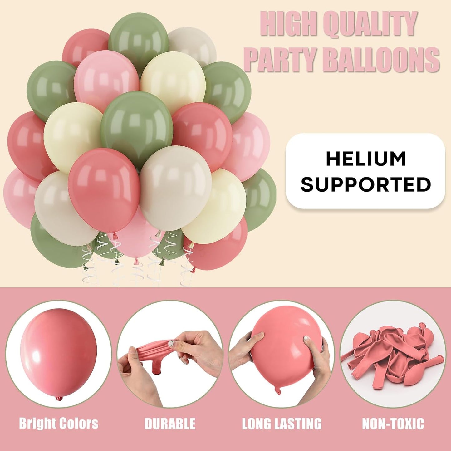 Dusty Green Pink Beige Balloons Light Pink Yellow Mist Sage Cream Peach Balloon 12INCH Ivory White Sand Helium Latex Balloon for Arch Kids Wildflower Goose Birthday Party Decorations Baby Shower