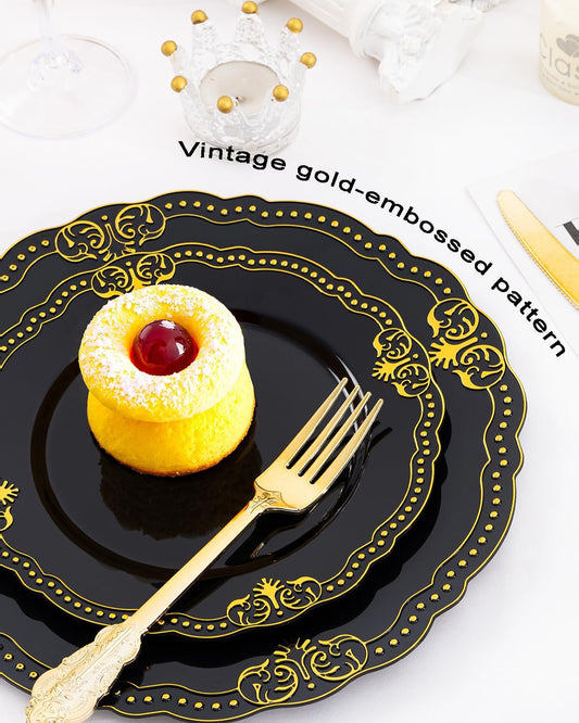 Ciaell 175 PCS Black and Gold Plastic Plates - Black Disposable Dinnerware Set with 50 Plates, 25 Knives, 25 Forks, 25 Spoons, 25 Cups, 25 Napkins for New Year’s Day, Parties and Weddings