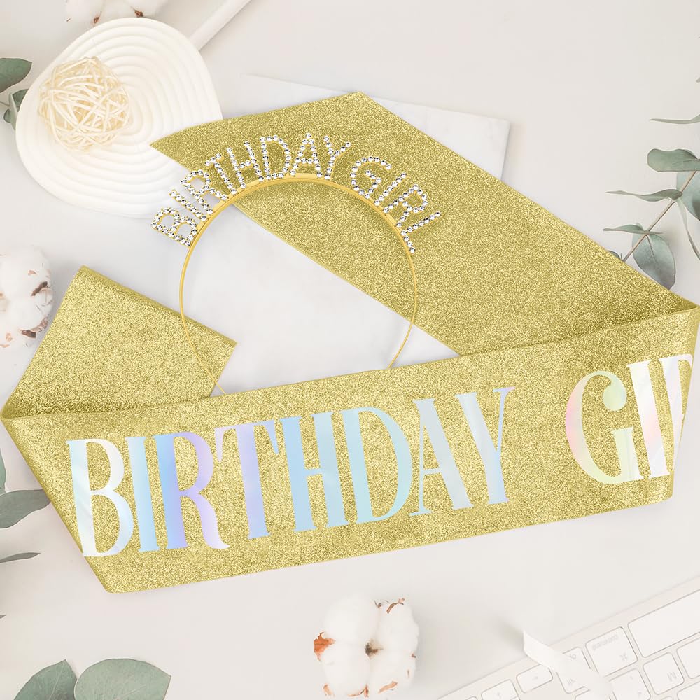 Women's Birthday Girl Sash and Crown Set: Glitter Gold Yellow Rhinestone Headband, Happy Princess Tiara Accessories