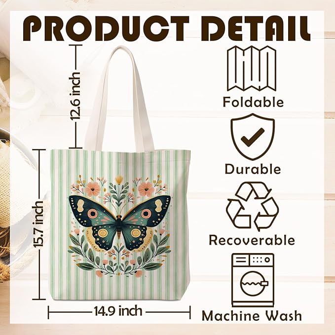 Green Butterfly Floral Tote Bag for Women,Butterfly Canvas Tote Bag for Girls,Green and White Striped Farmhouse Botanical Aesthetic Reusable Shopping Grocery Bags Party Favors