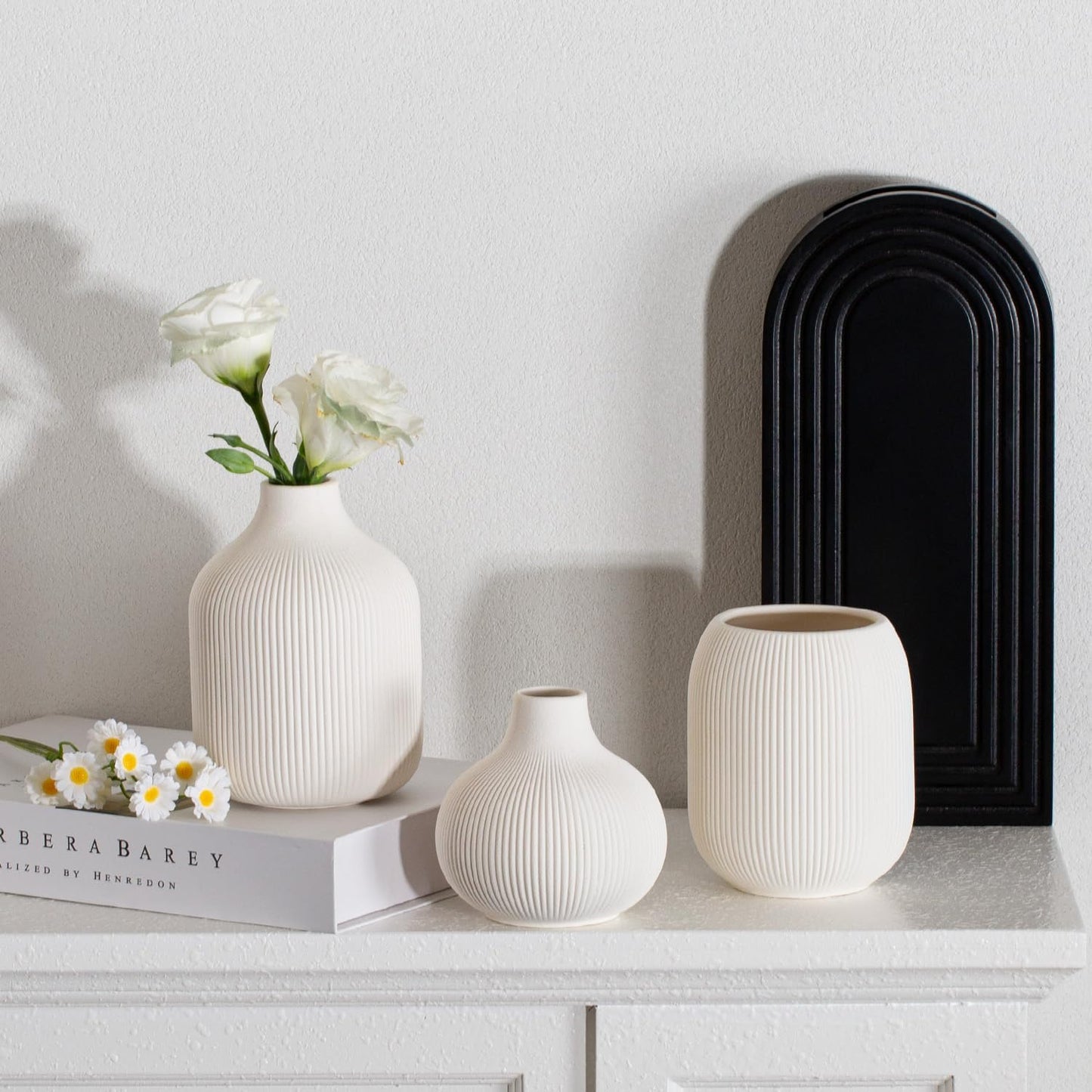 Modern White Ceramic Vase Set of 3, Ribbed Texture Boho Minimalist Home Decor, Small Decorative Vases for Centerpiece, Shelf, Tabletop - Aesthetic Touch for Neutral & Transitional Spaces