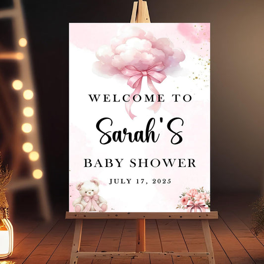 Editable Pink Bow Welcome Sign For Baby Shower, Baby Shower Decor, Ribbon Blush Baby Shower Decoration, Baby Shower Welcome Sign, Baby Shower Sign Stand, Sweet Baby Shower Personalized