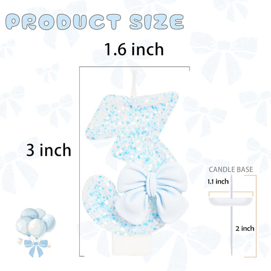 Birthday Candle for Cake, Blue Bow Number Candles, 2.76 inch Number, Cake Topper Decoration for Birthday Party (Number 3)