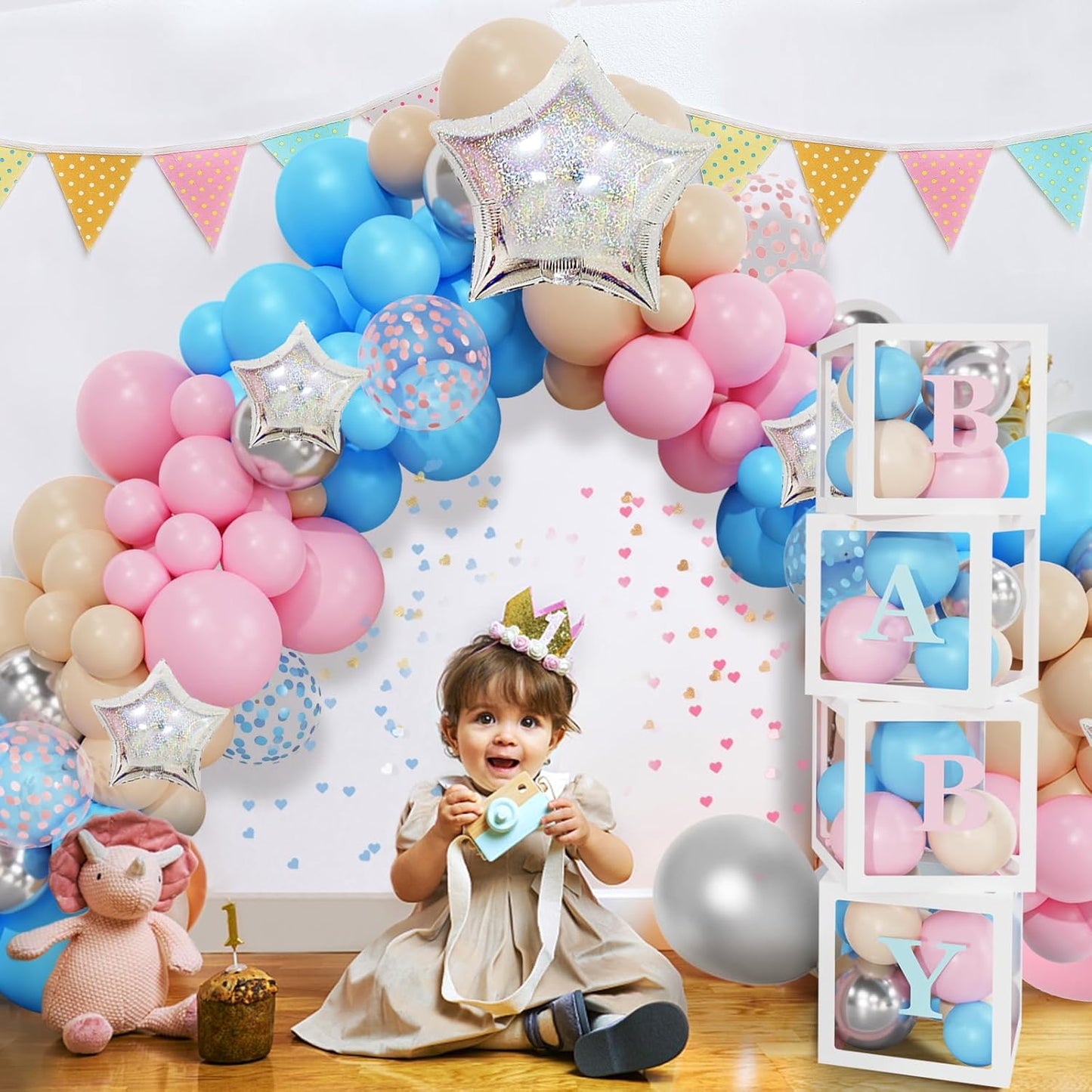 Amandir 164PCS Baby Boxes Gender Reveal Balloon Decorations, Pink and Blue Balloon Garland Kit 4pcs Boxes with Letters for Baby Shower Birthday Boy or Girl Gender Reveal Party Supplies