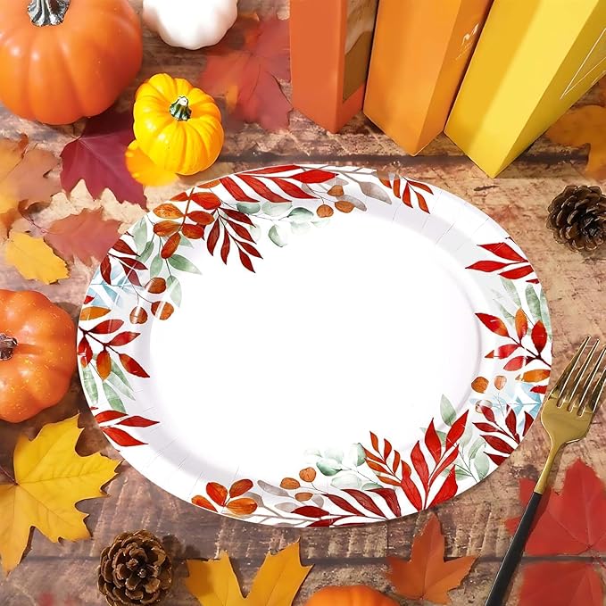 Grencian 50Pcs Fall Oval Paper Plates 10" x 12" Large Disposable Heavy Duty Fall Maple Leaves Paper Plates Autumn Leaves Seasonal Party Decorations for Thanksgiving Holiday Party Supplies