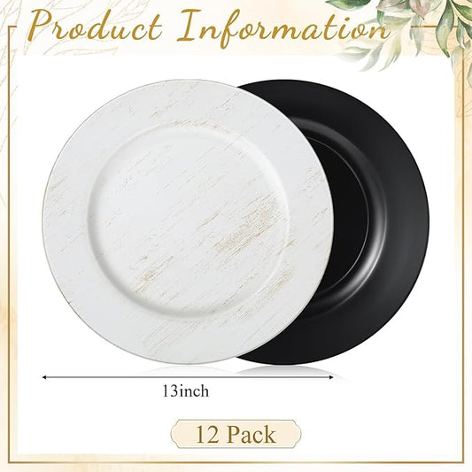 Tanlade 12 Pcs Charger Plates Bulk 13 Inch Plastic Vintage Wedding Chargers Floral Decorative Plates with Metallic Ruffled Rim for Wedding Party, Holiday Event Supplies(White)