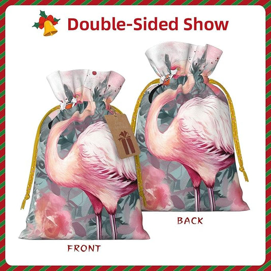 QSMJKLD Drawstring Christmas Gift Bags Vintage Boho Flamingo Florals Gift Bag Burlap Xmas Candy Pouch Reusable Christmas Wrapping Bag Xmas Party Favor Bags for Holiday Wrapping Presents Medium